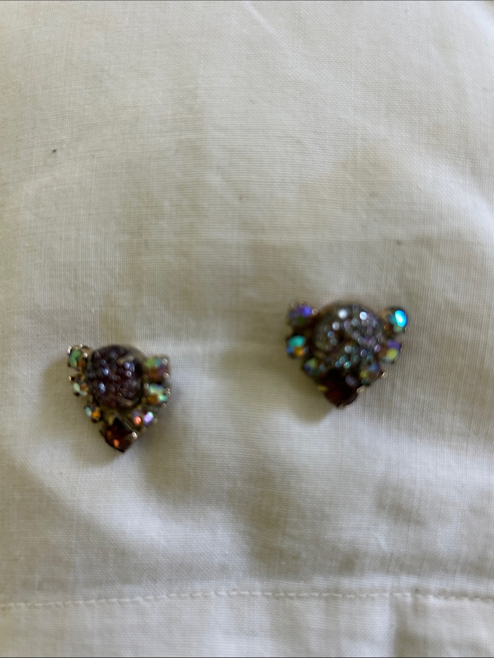 Crystal Heart Rhinestone pins with post clip Iridescent vintage